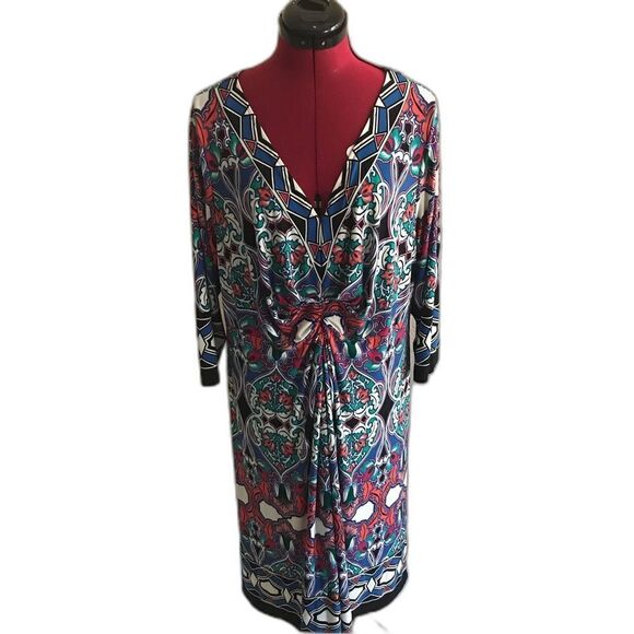 Muse Dress Women's Plus Size 1X Multi-Colored Print V-Neck 3/4 Sleeves - Picture 1 of 10